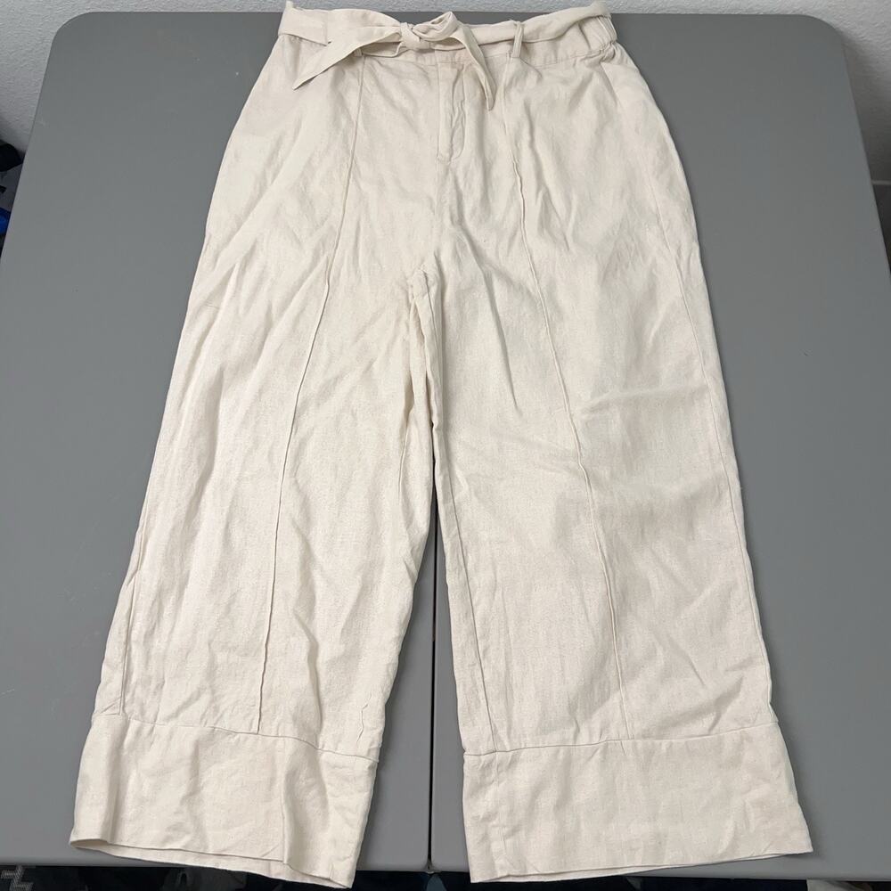 Joie Linen blend Cropped Pants Women XL Biege Woven Straight Leg Tie Waist Belt
